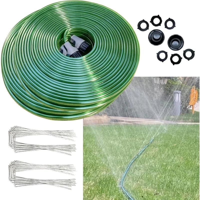 150 FT (75FT*2) Flat Sprinkler Hose for Lawn Watering Garden Soaker Hose with Holes, Heavy Duty Lightweight No-Kink Water